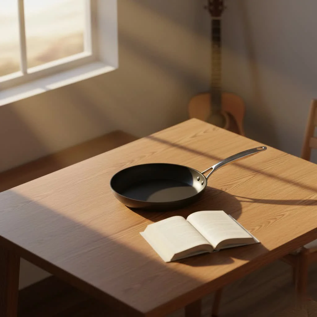 Ceramic frying pan on a stovetop with vegetables