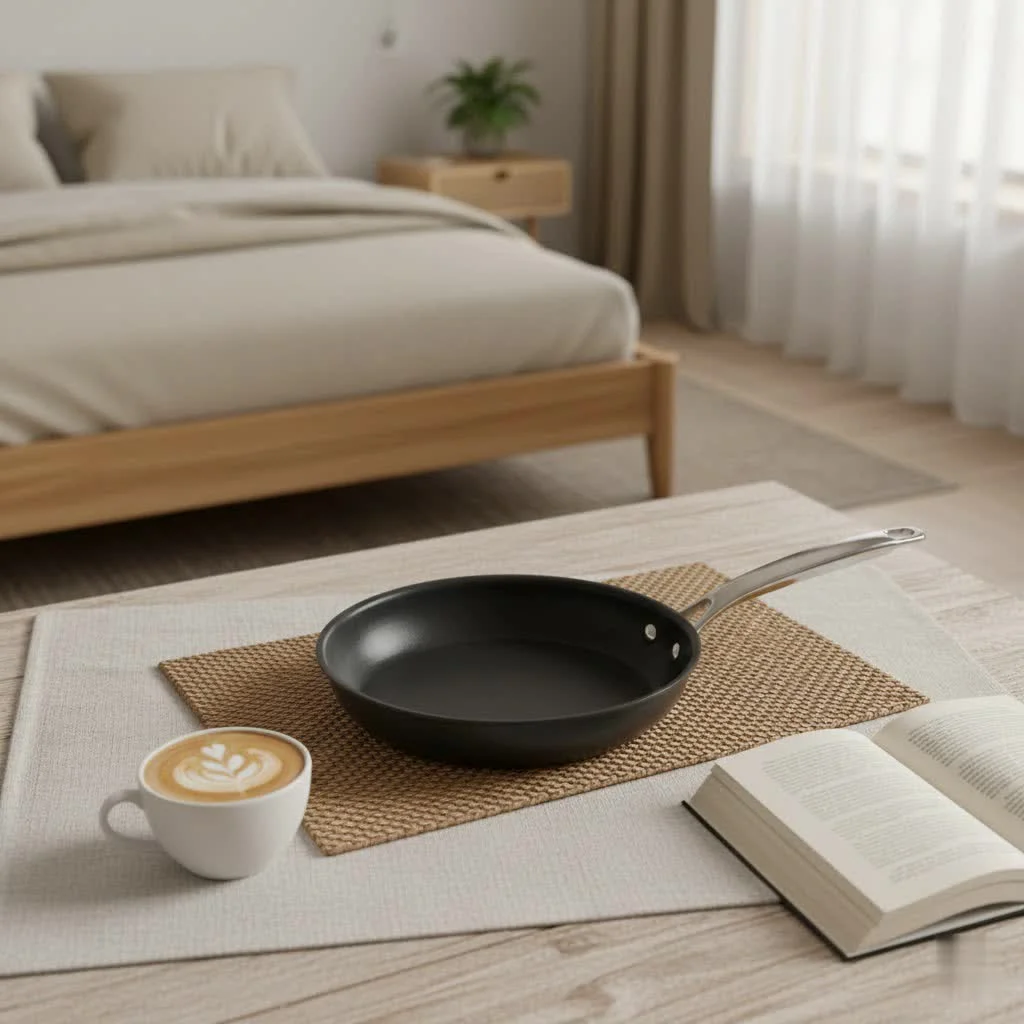 A chef expertly using a 12-inch frying pan to sauté vegetables