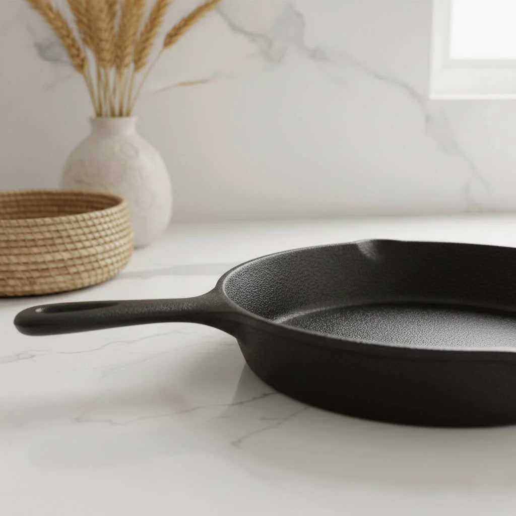 An 8-inch frying pan on a stovetop with a fried egg