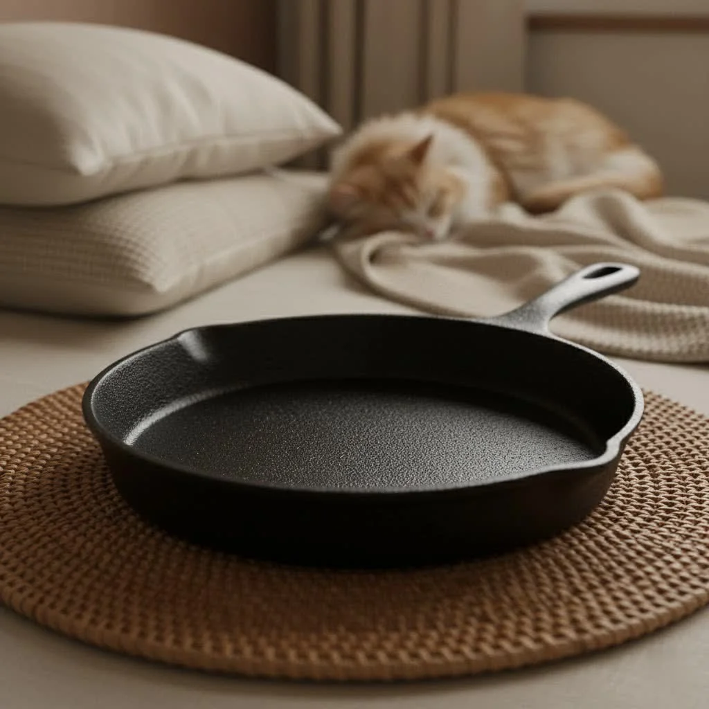 Small cast iron frying pan on a wooden surface