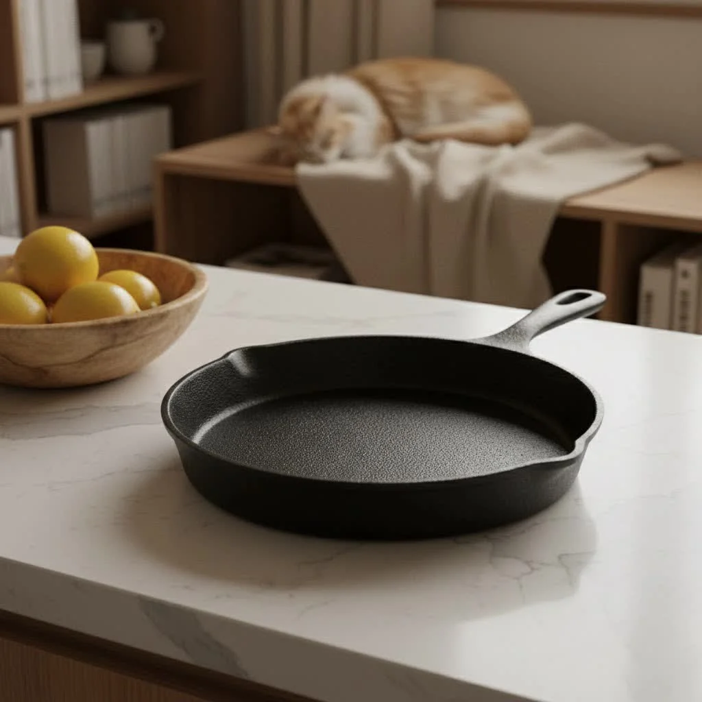 Well-seasoned carbon steel frying pan on a stovetop