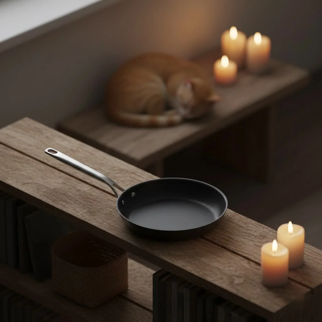 Ceramic frying pan with lid on a stovetop