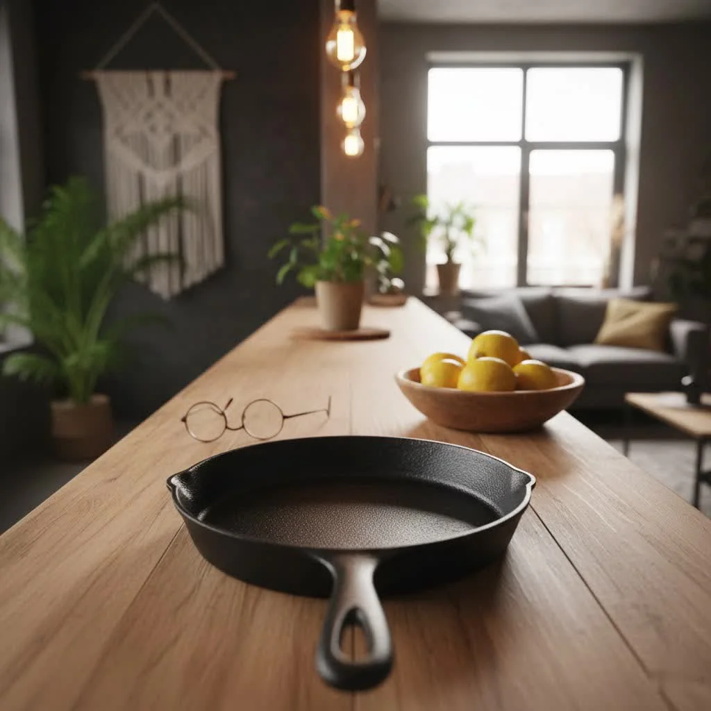 Well-seasoned cast iron frying pan on a stovetop