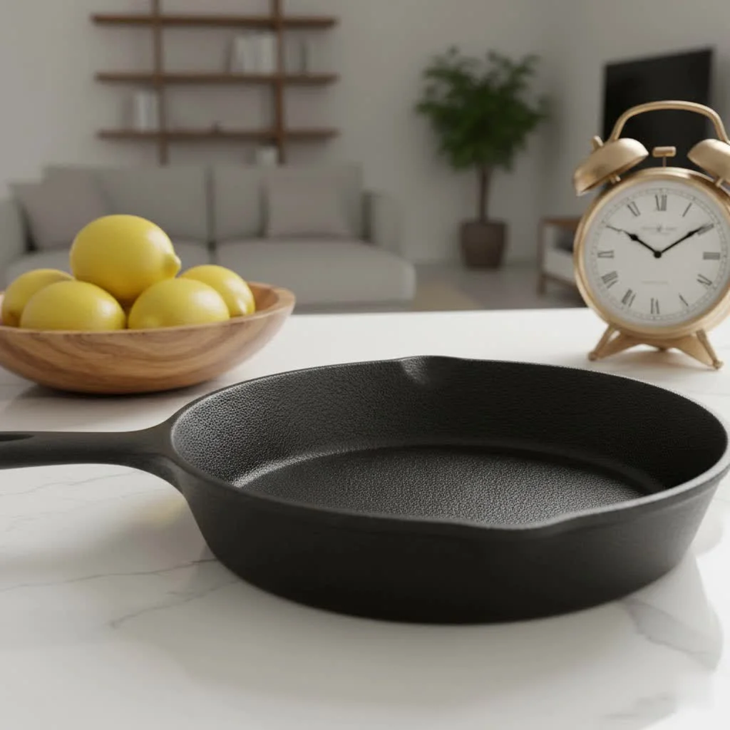Stainless steel frying pan on a stovetop with food