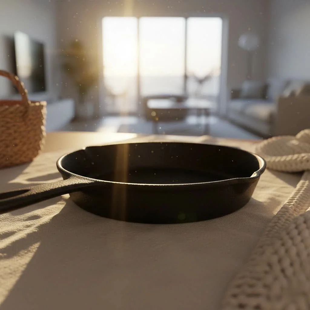 Lodge cast iron frying pan on a wooden surface