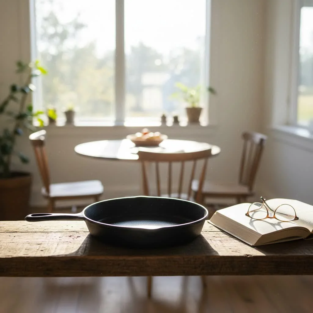 A 10-inch frying pan on a stovetop with food