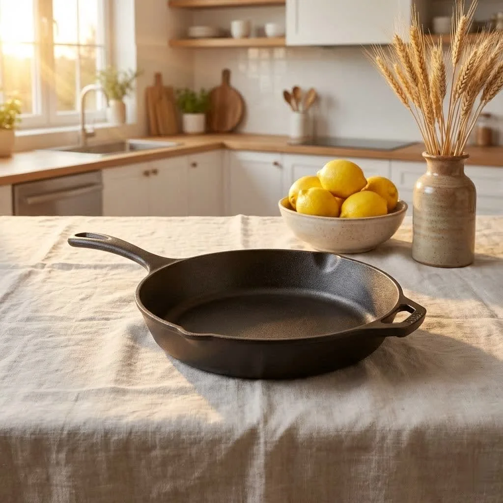 Frying pan with a lid on a stovetop