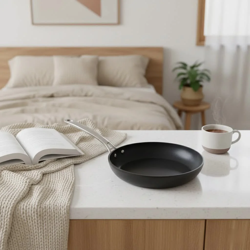 Le Creuset non-stick frying pan on a stovetop