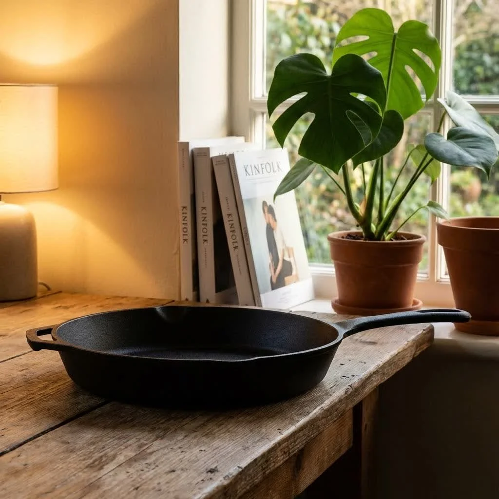 Stainless steel frying pan on a stovetop