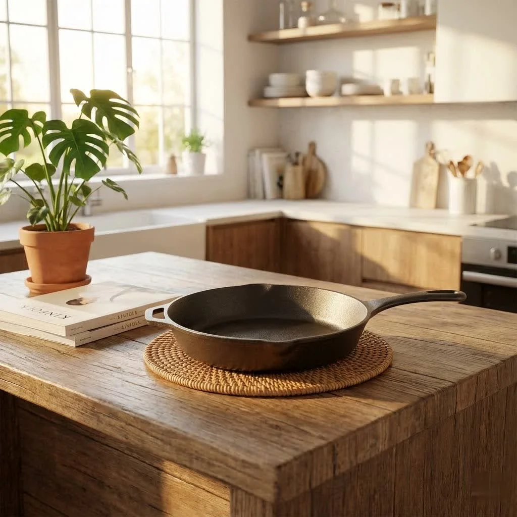 Large frying pan with lid on a stovetop, ready for cooking