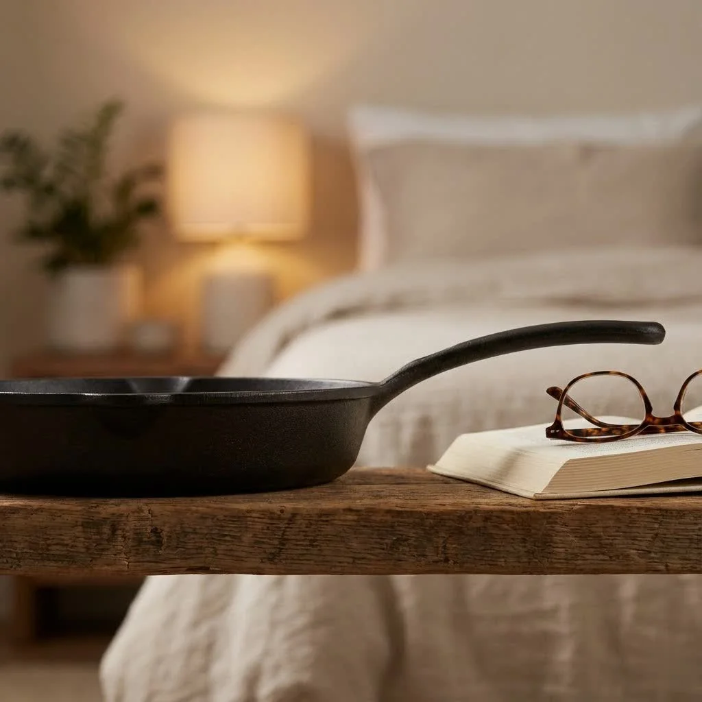 Perfectly seasoned cast iron frying pan on a stovetop