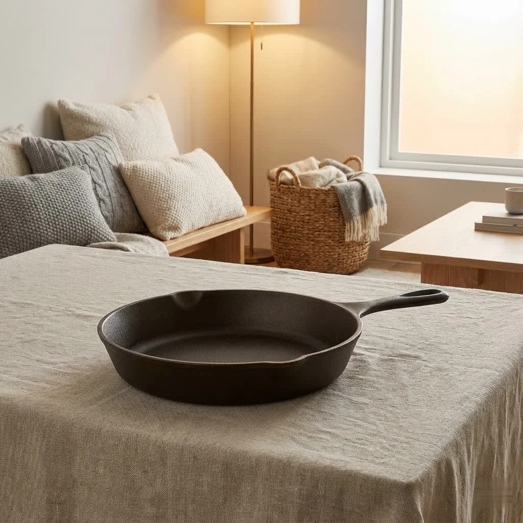 Assortment of Tramontina frying pans on a kitchen counter