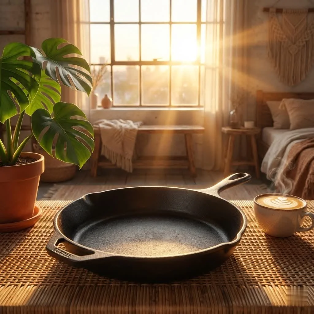 A seasoned cast iron frying pan on a stovetop