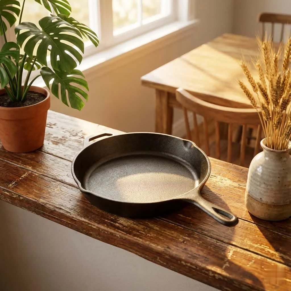 Gleaming copper non-stick frying pan on a stovetop