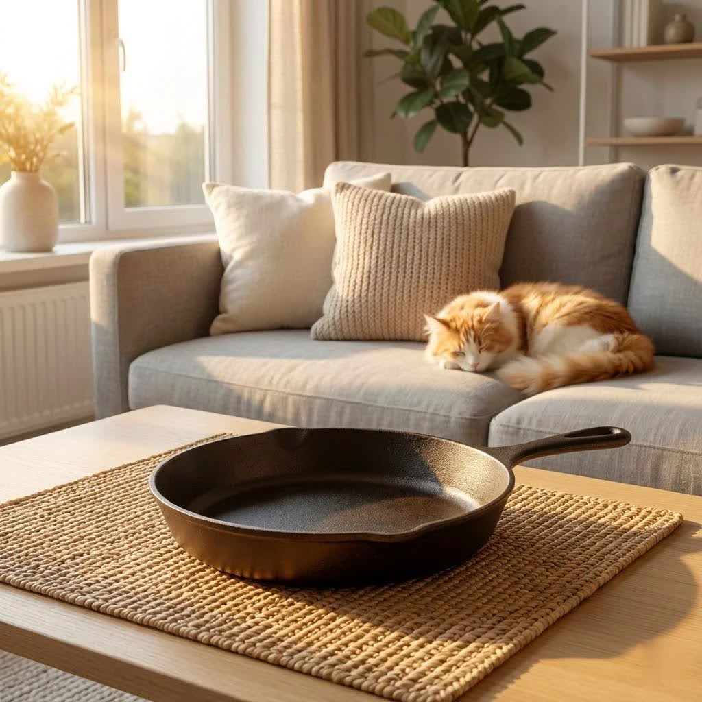 Ceramic frying pan with eggs cooking