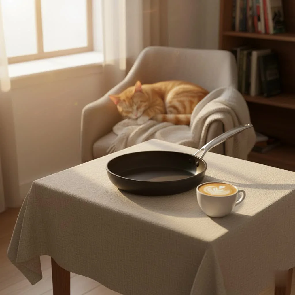 Stainless steel frying pan on a stovetop with food