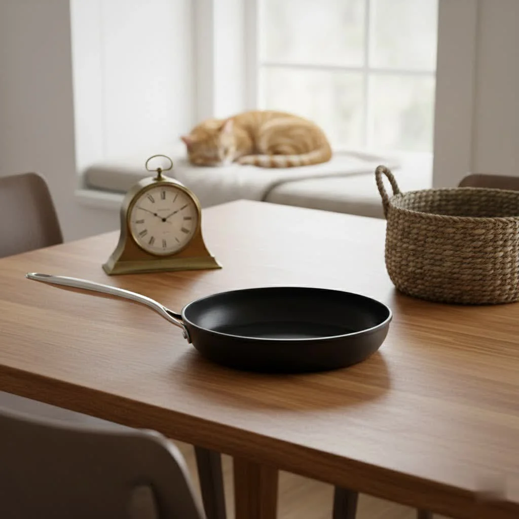 Square frying pan on a stovetop with food